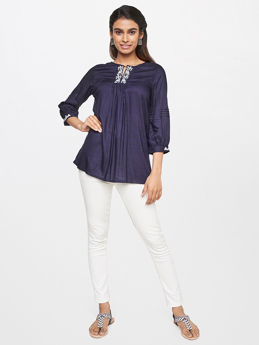Global Desi Women Blue Keyhole Neck Top