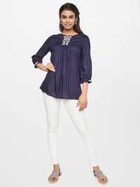 Global Desi Women Blue Keyhole Neck Top