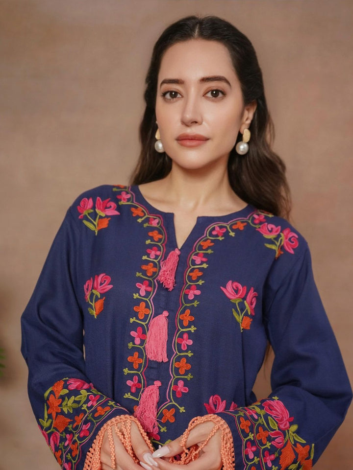 HOUSE OF KARI Falak Kashmiri Embroidered Flared Sleeves Thread Work Cotton Straight Kurta