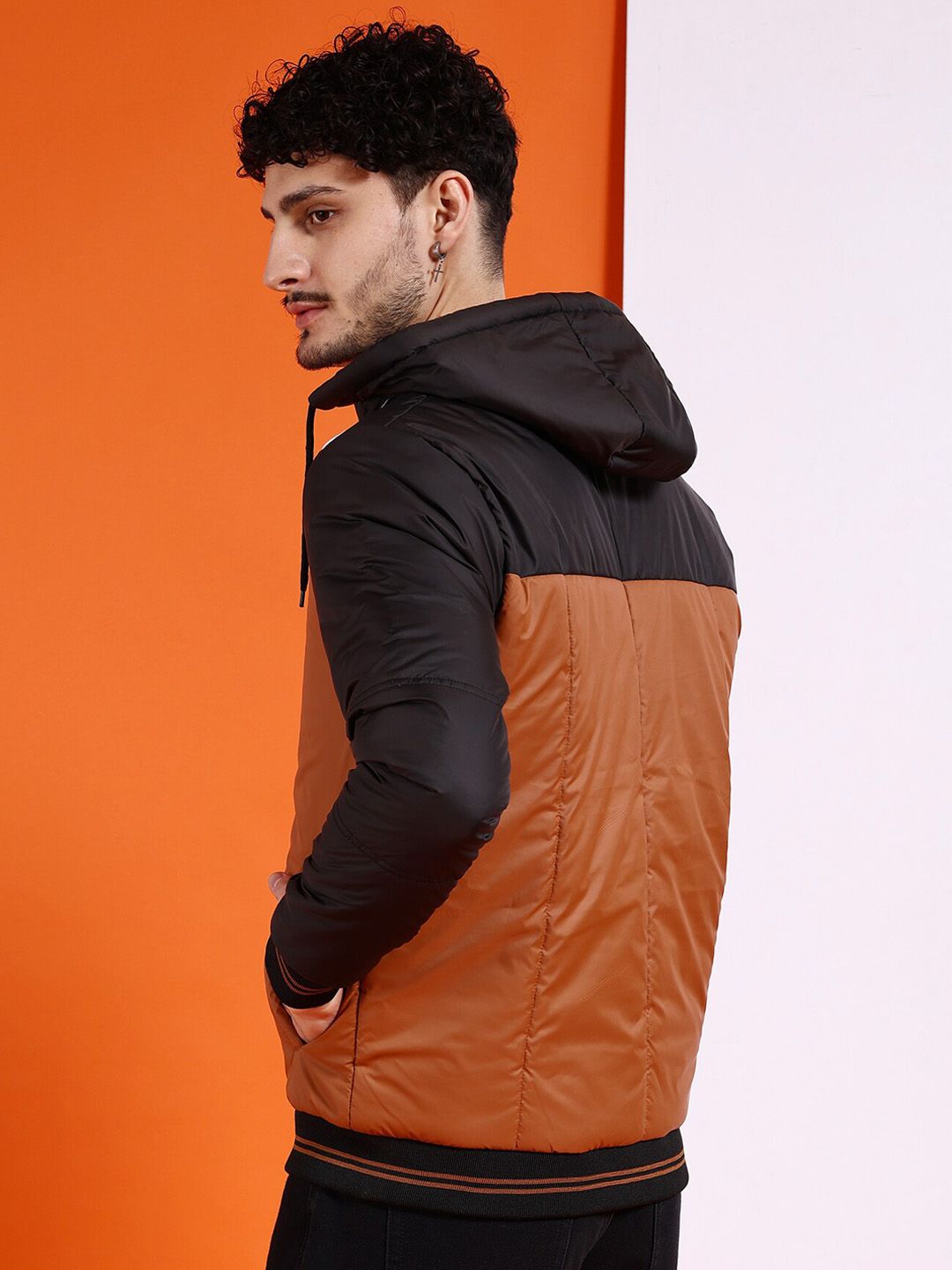 The Indian Garage Co Men Tan Colourblocked Outdoor Padded Jacket with Patchwork
