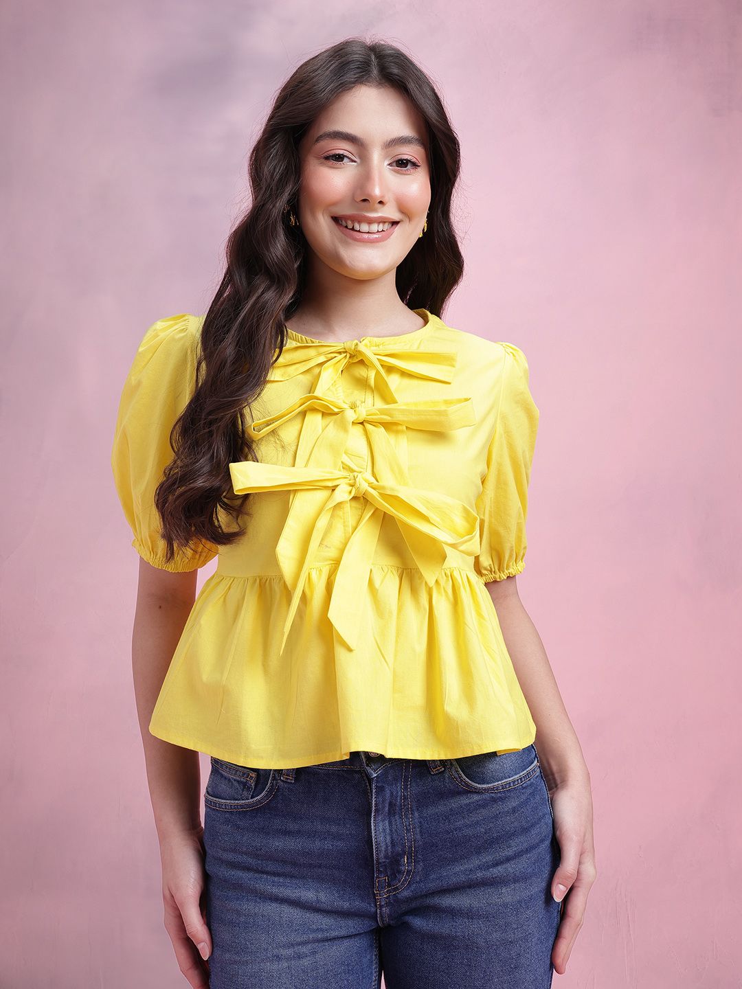 DressBerry Tie-Up Neck Puff Sleeve Pure Cotton A-Line Top