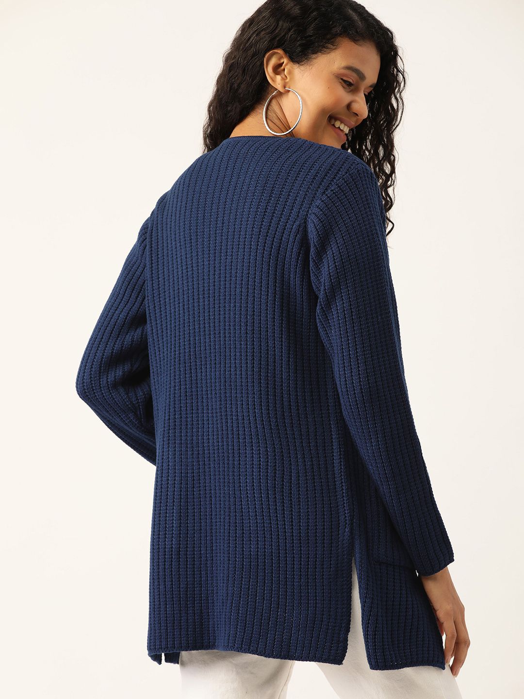 DressBerry Women Navy Blue Ribbed Longline Front-Open Sweater