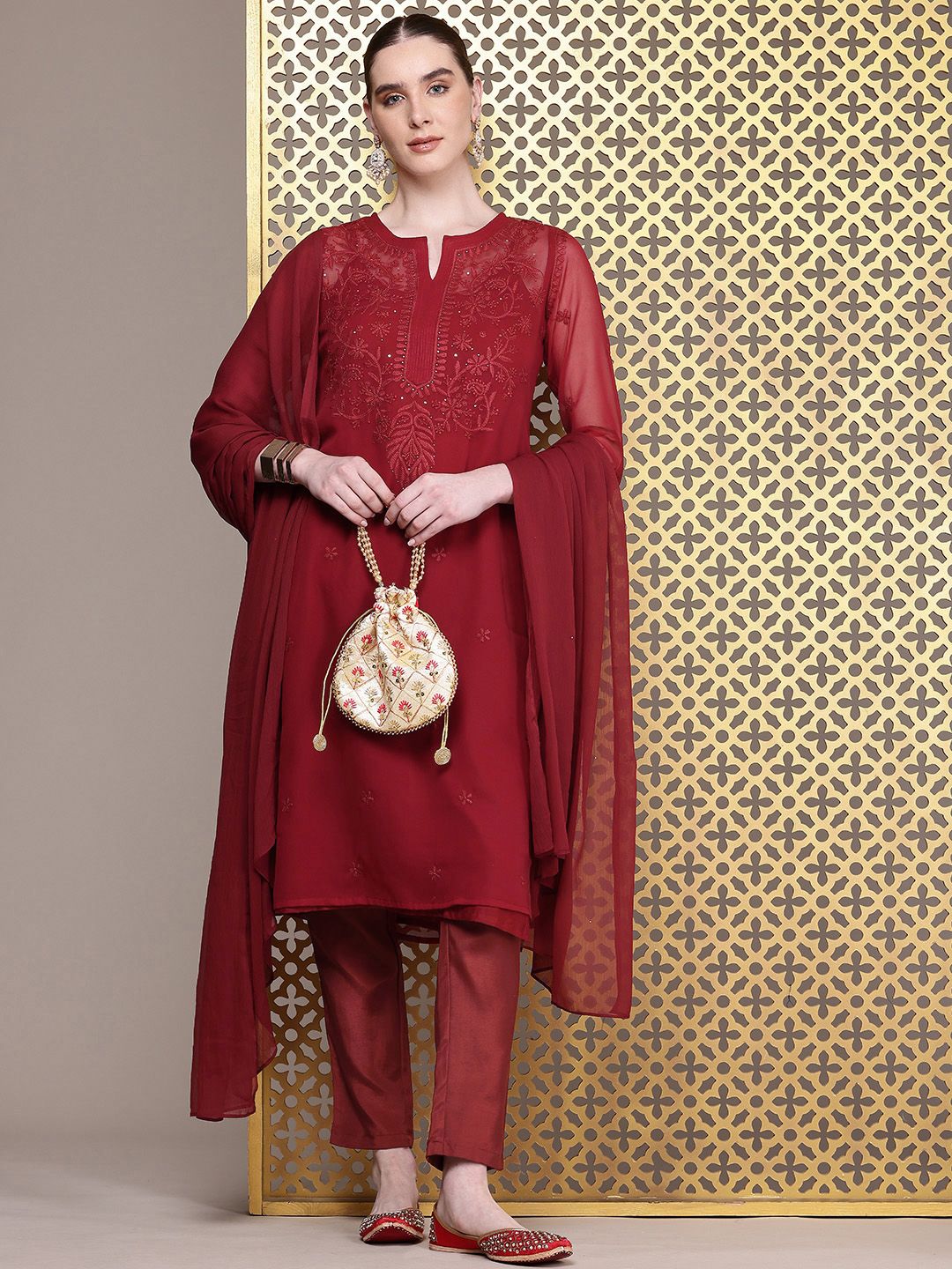 House of Pataudi Floral Embroidered Regular Chikankari Jashn Kurta with Trousers & Dupatta
