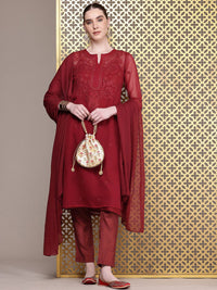 House of Pataudi Floral Embroidered Regular Chikankari Jashn Kurta with Trousers & Dupatta