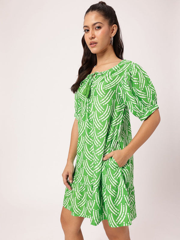 DressBerry Bold Shapes, Fresh Green Printed Gathered A-Line Mini Dress