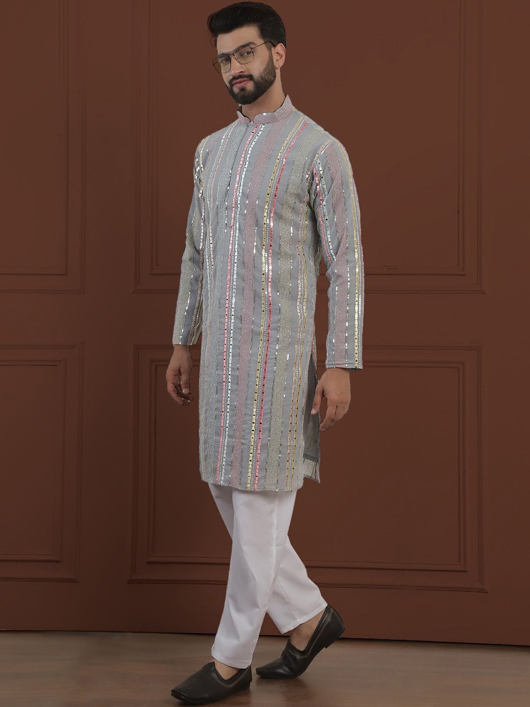 SOJANYA LUXE Kurta Lurus Kolar Mandarin Bersulam Geometrik