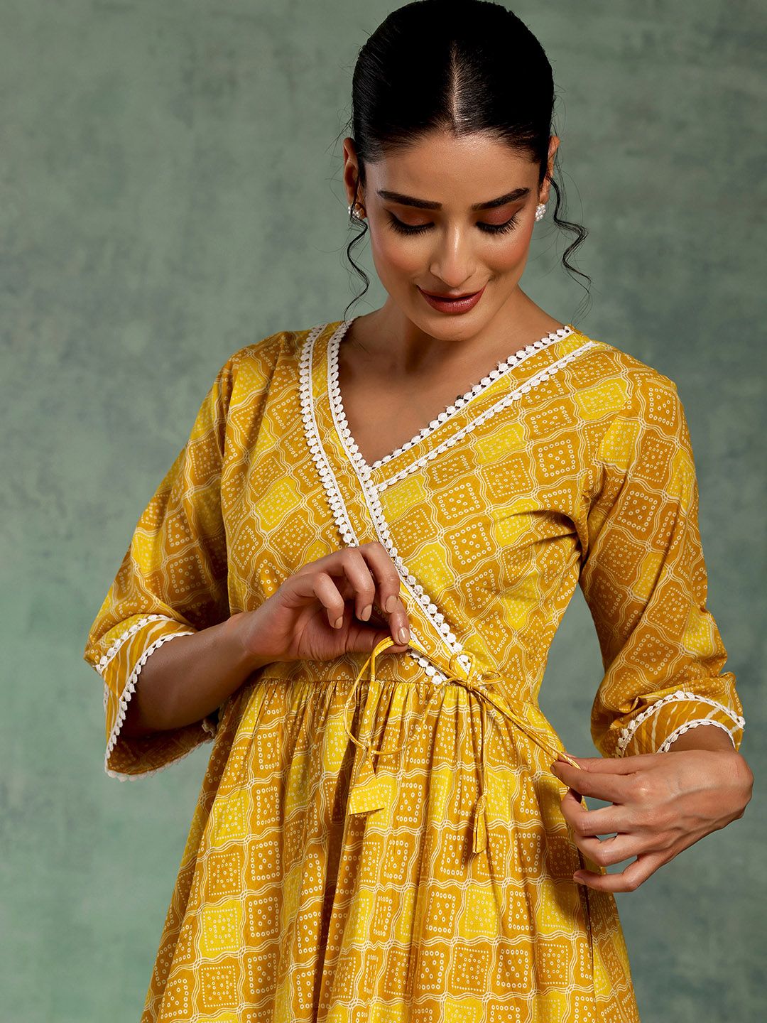 Libas Bandhani Printed Angrakha Pure Cotton Kurta with Palazzos & Dupatta