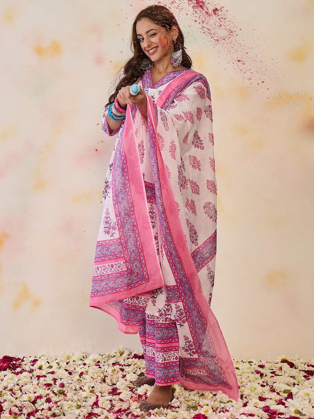 Indo Era Women Floral Printed Regular Pure Cotton Kurta with Palazzos & With Dupatta