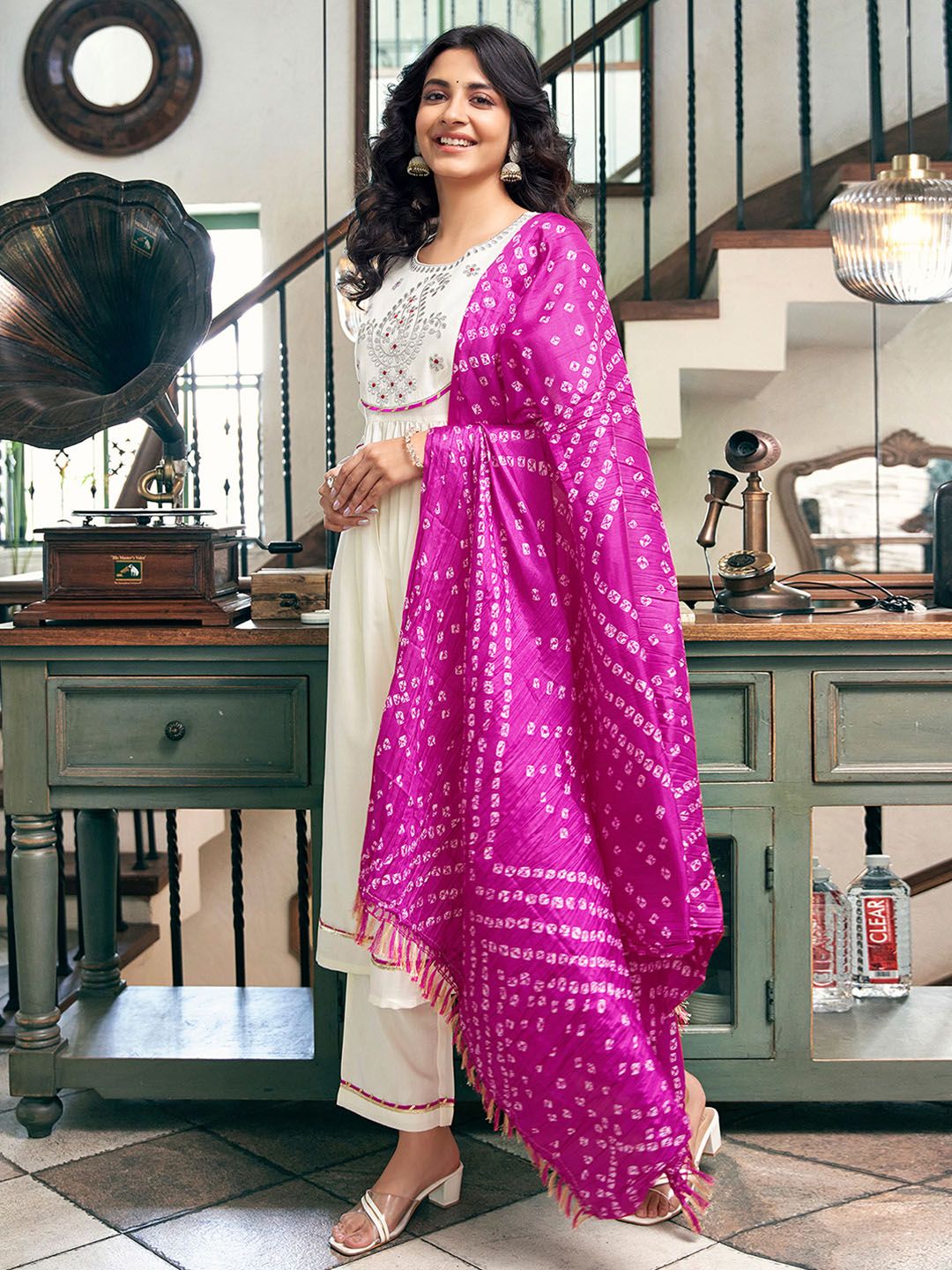 KALINI Paisley Embroidered A-Line Kurta with Trousers & Dupatta