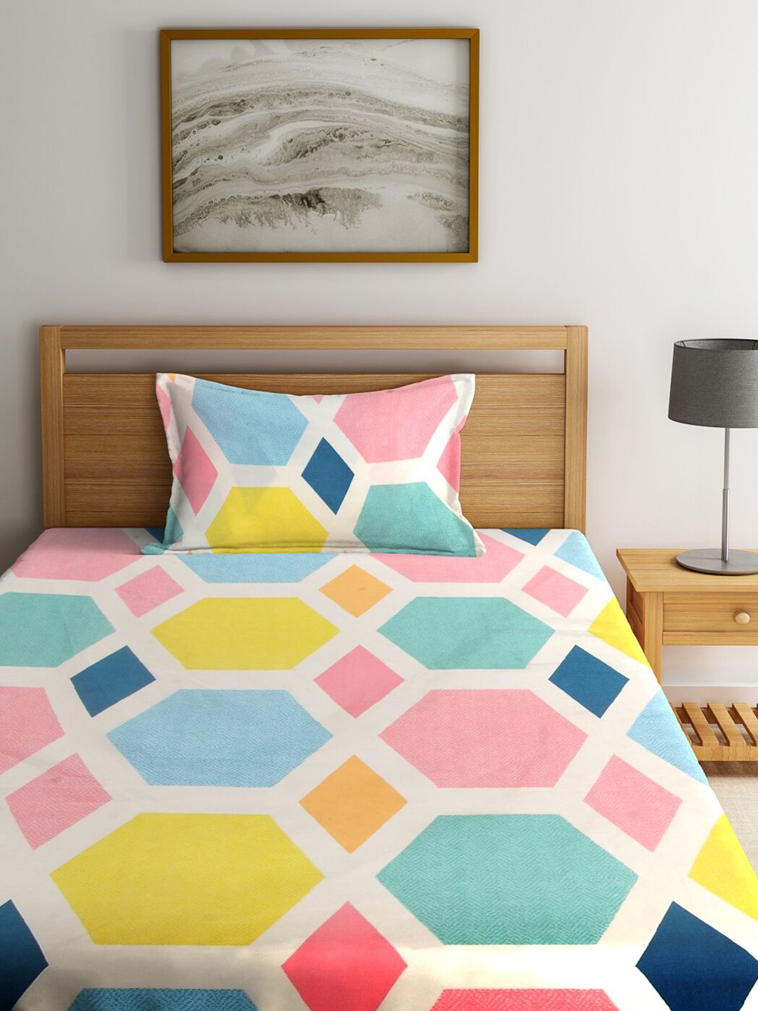 KLOTTHE White & Pink Geometric 210 TC Polycotton 2 Single Bedsheet with 2 Pillow Covers