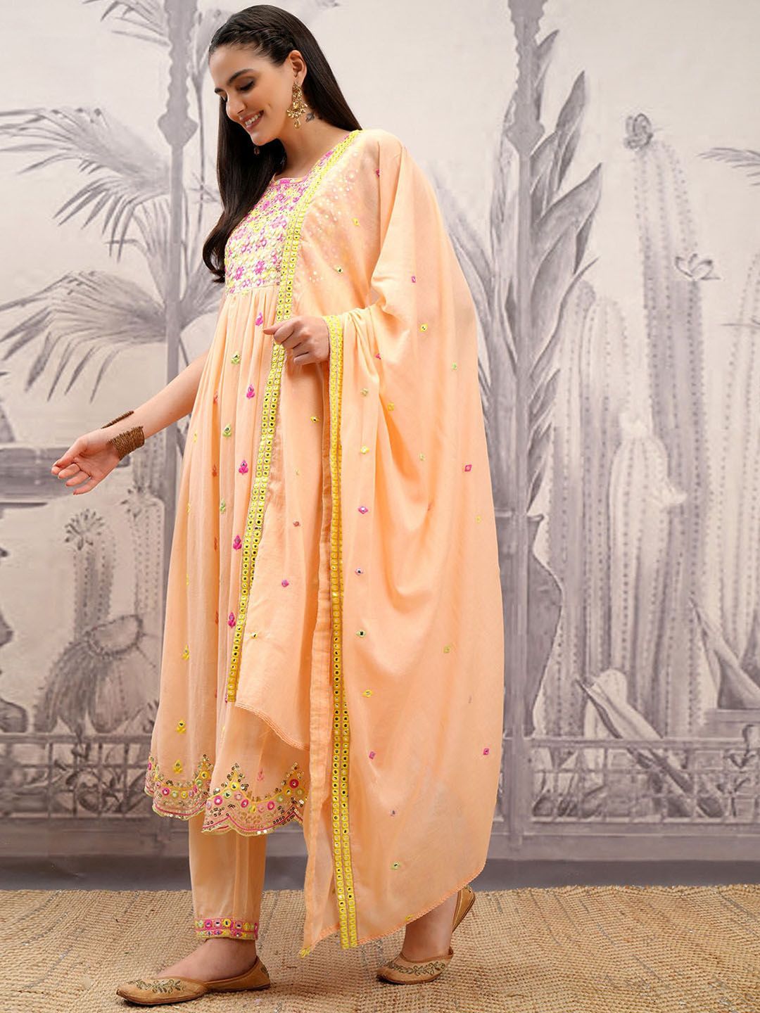 Vishudh Orange Embroidered Regular Mirror Work Pure Cotton Kurta with Trousers & Dupatta
