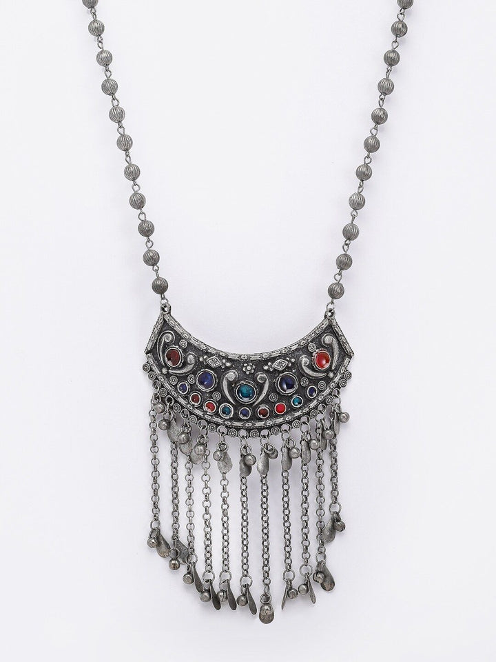 PANASH German Silver Silver-Plated Stones Studded Oxidised Necklace