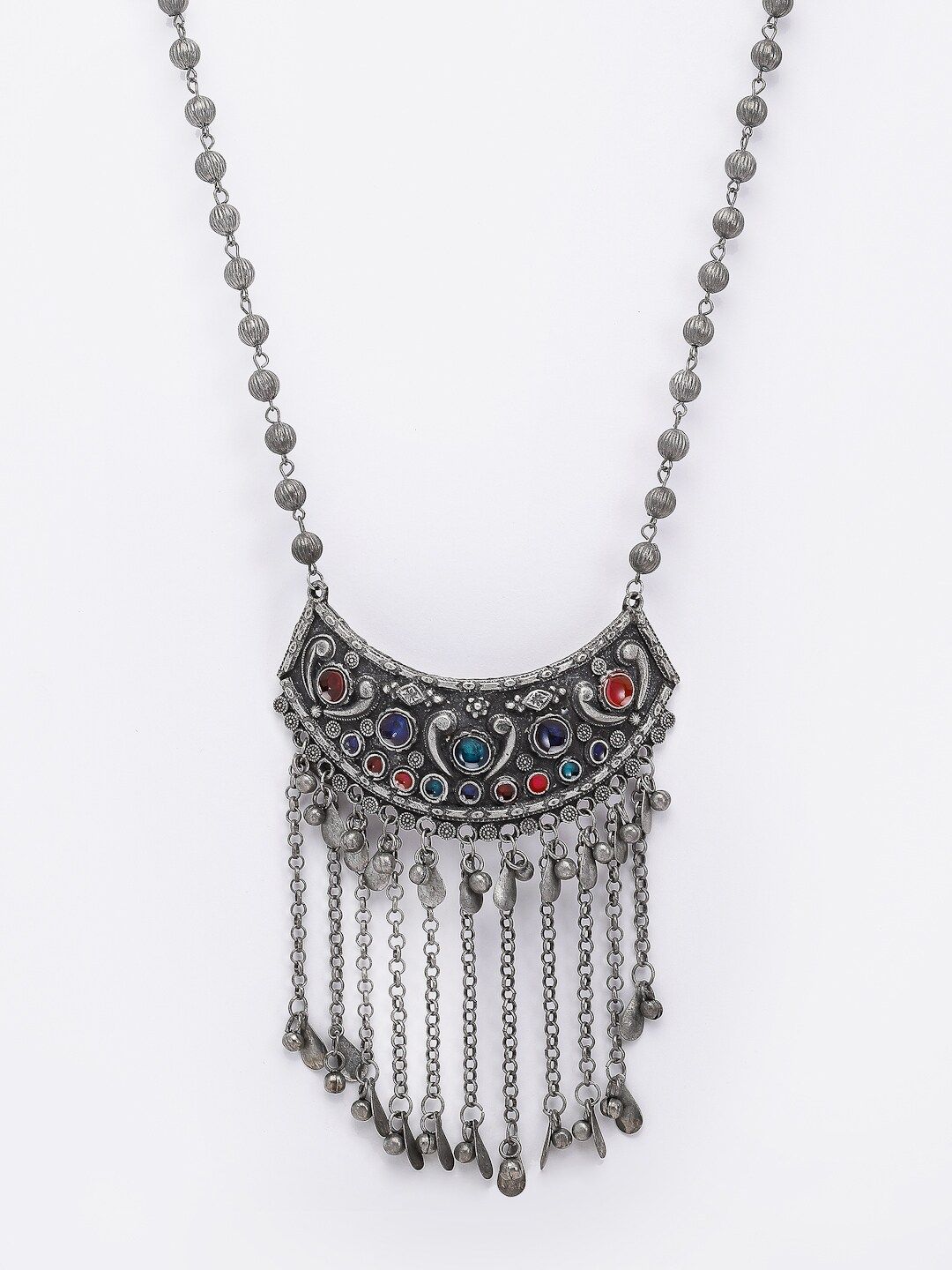 PANASH German Silver Silver-Plated Stones Studded Oxidised Necklace