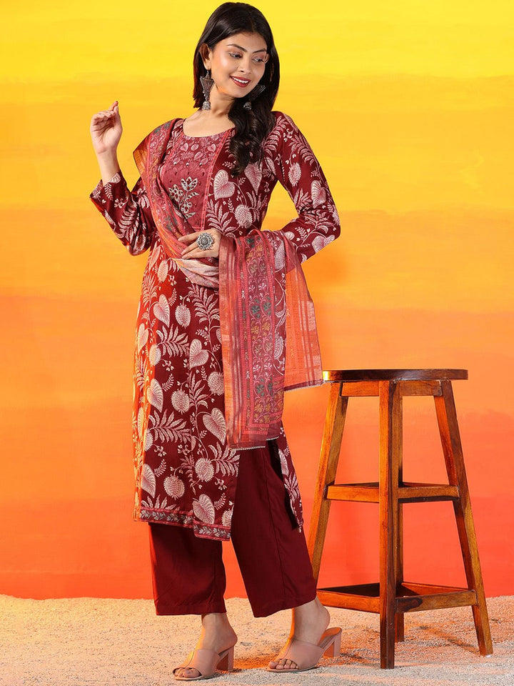 Mamicha Floral Printed Sequinned Pure Cotton Straight Kurta with Palazzo & Dupatta