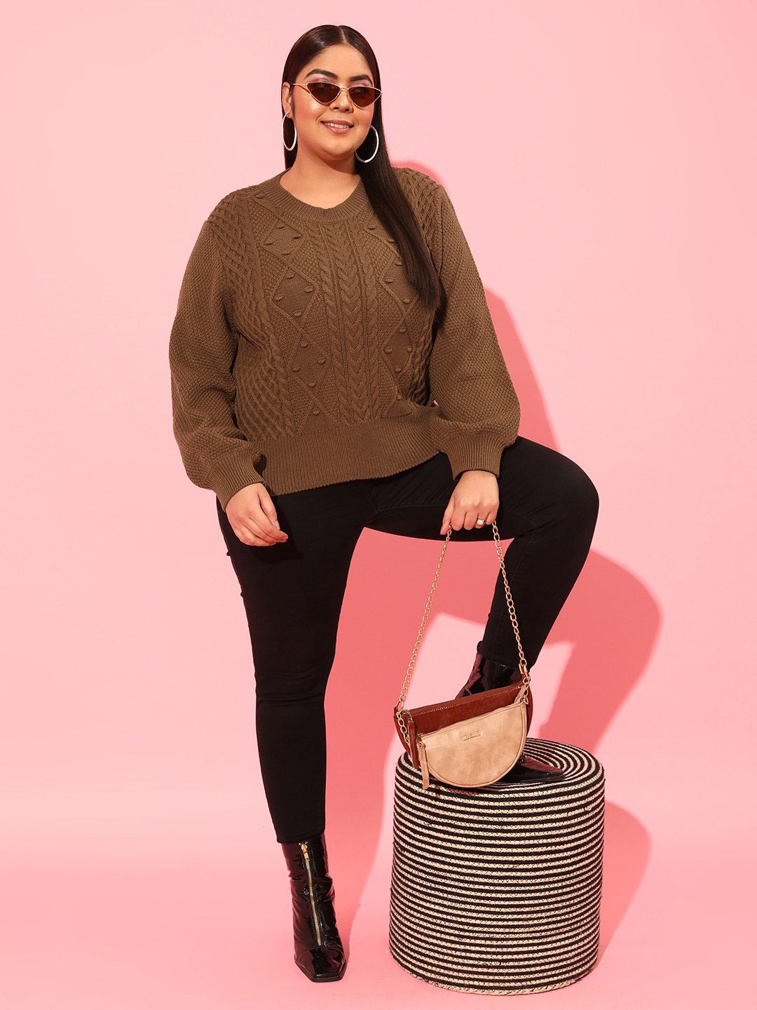 CURVY STREET Plus Size Women Brown Cable Knit Acrylic Pullover