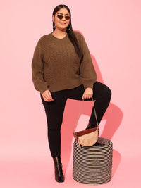 CURVY STREET Plus Size Women Brown Cable Knit Acrylic Pullover