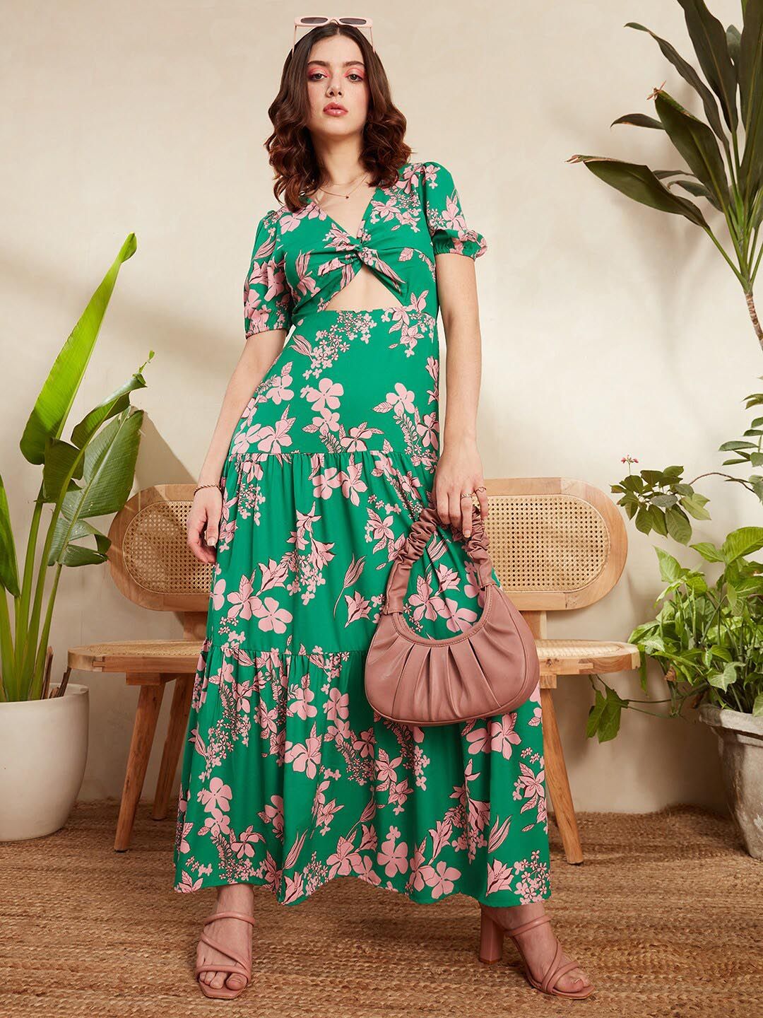 Berrylush Green Floral Printed V-Neck Puff Sleeve Cut Out Tiered Maxi Dress