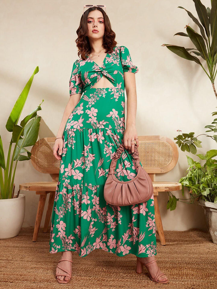 Berrylush Green Floral Printed V-Neck Puff Sleeve Cut Out Tiered Maxi Dress