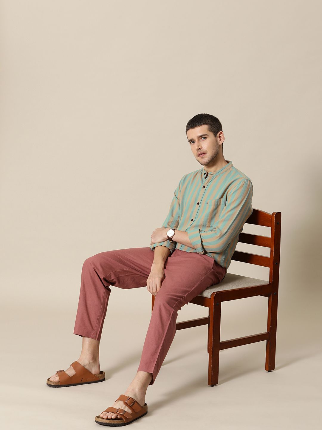 Mr Bowerbird Men Brown Tailored Fit Opaque Striped Casual Shirt
