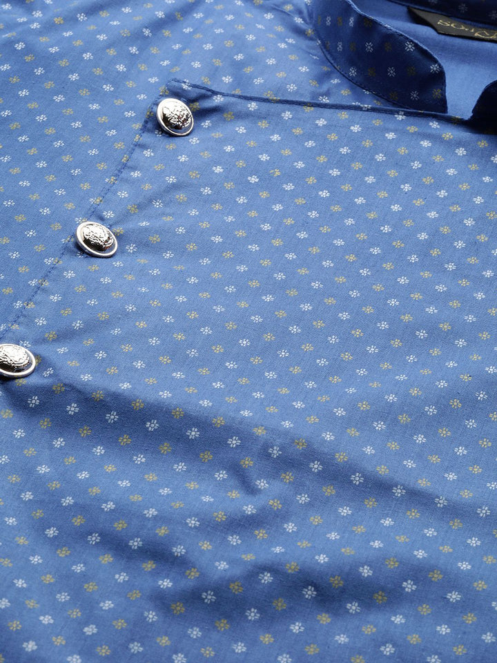 SOJANYA Men Blue & White Printed A-Line High-Low Hem Angrakha Kurta
