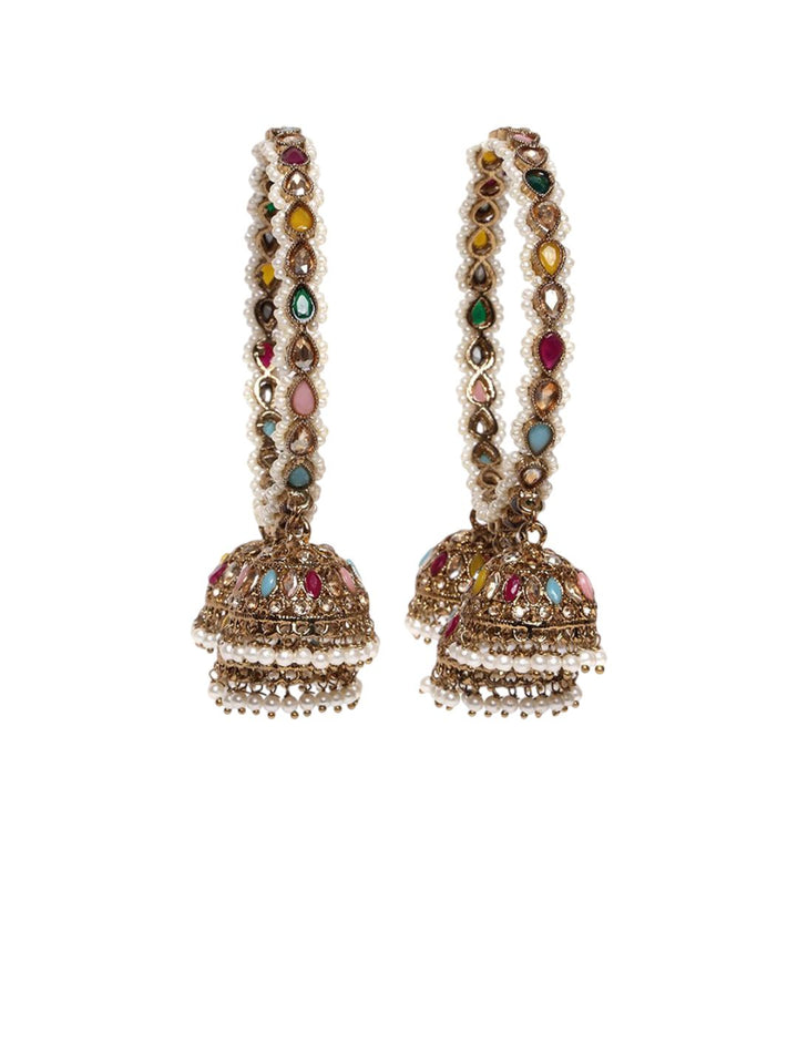 PANASH Set Of 2 Gold Plated American Diamond Stone Studded & Beaded Bangles