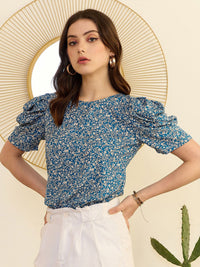 Berrylush Floral Print Round Neck Short Puff Sleeves Top
