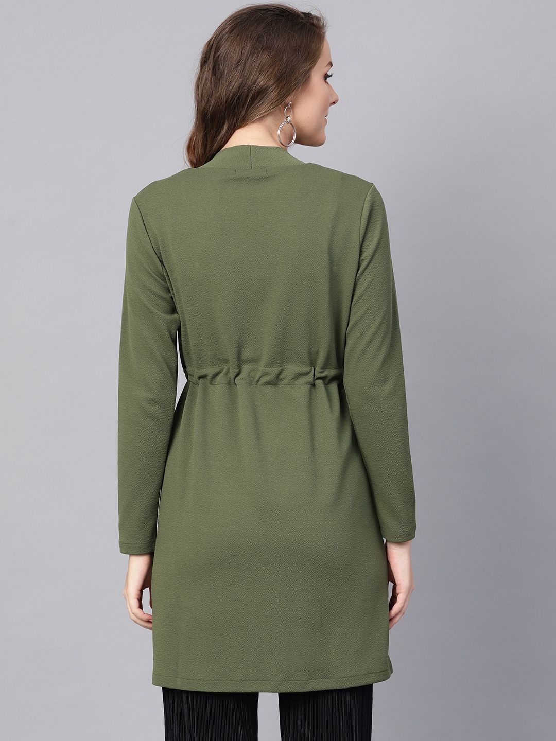 SASSAFRAS Women Olive Green Solid Longline Waterfall Shrug with Tie-Up