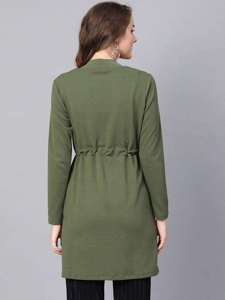 SASSAFRAS Women Olive Green Solid Longline Waterfall Shrug with Tie-Up