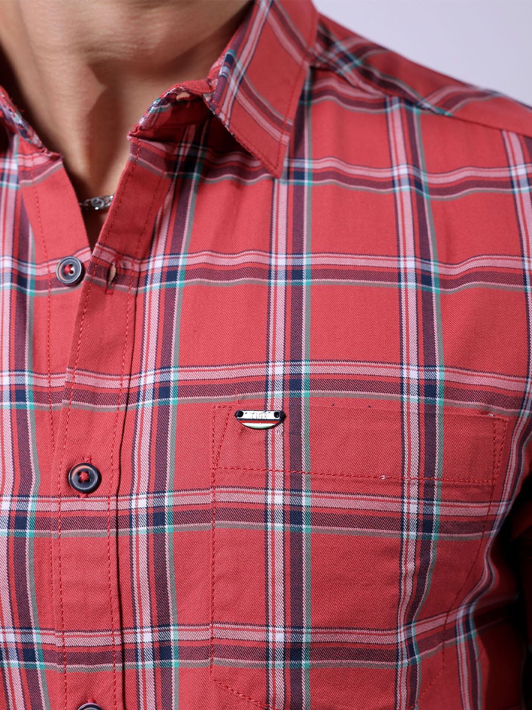 The Indian Garage Co Red Slim Fit Tartan Checked Pure Cotton Casual Shirt