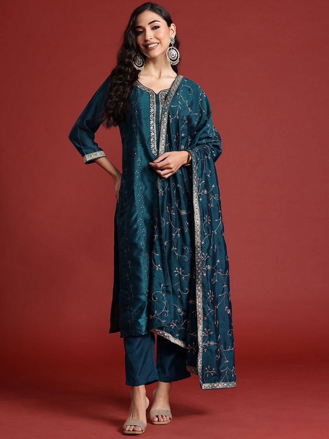 Indo Era Floral Embroidered Sequinned Kurta With Trousers & Dupatta