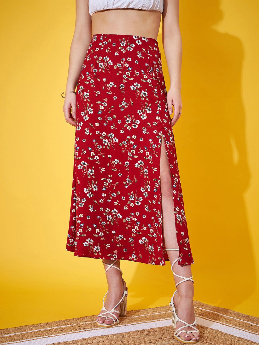 Berrylush Floral Printed High Rise A-Line Midi Skirt