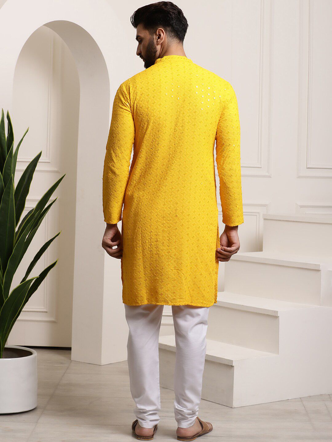 SOJANYA Men Ethnic Motifs Embroidered Sequinned Pure Cotton Kurta with Churidar