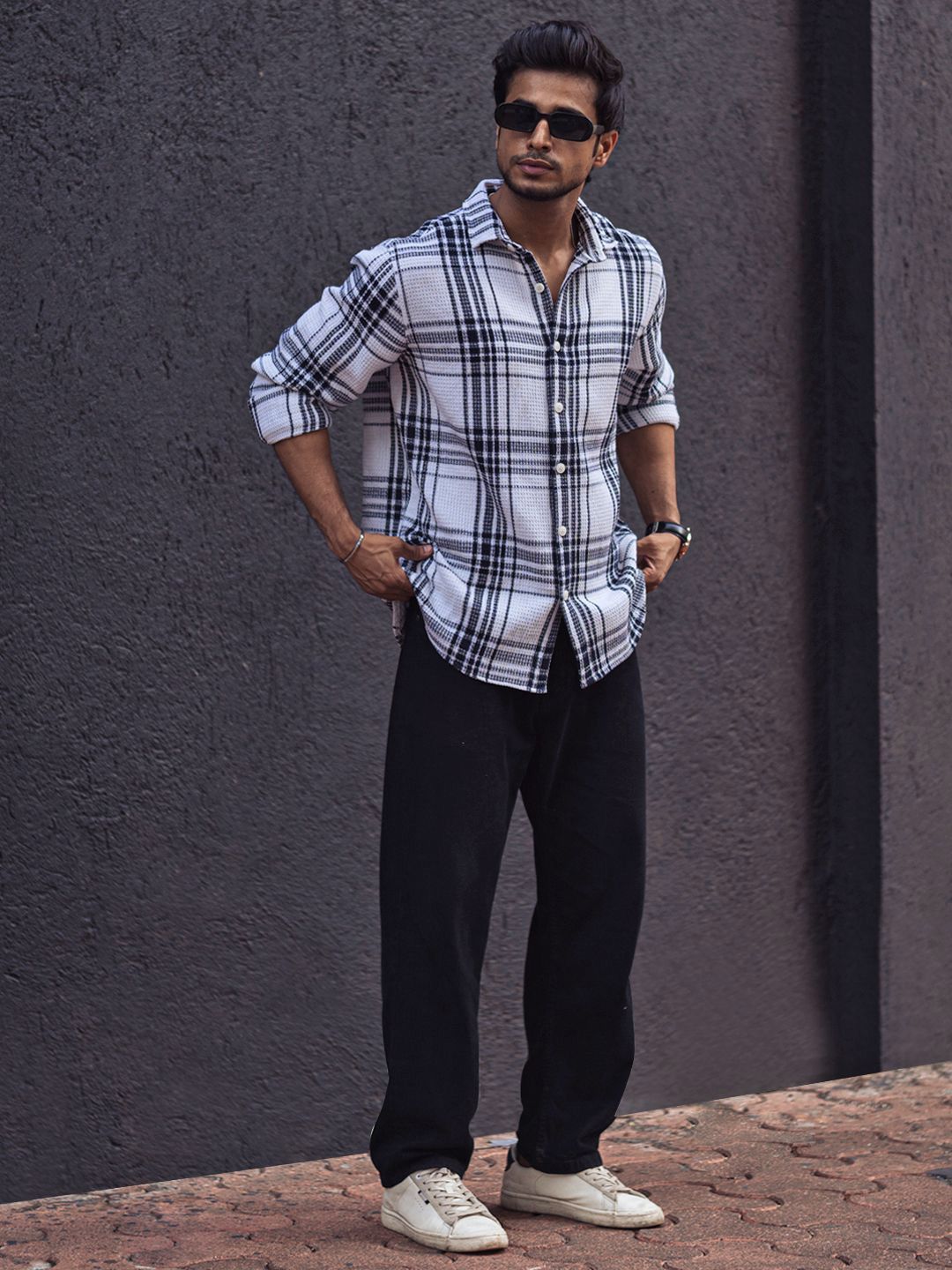 Powerlook Men Spread Collar Tartan Checked Cotton Canvas Casual Shirt