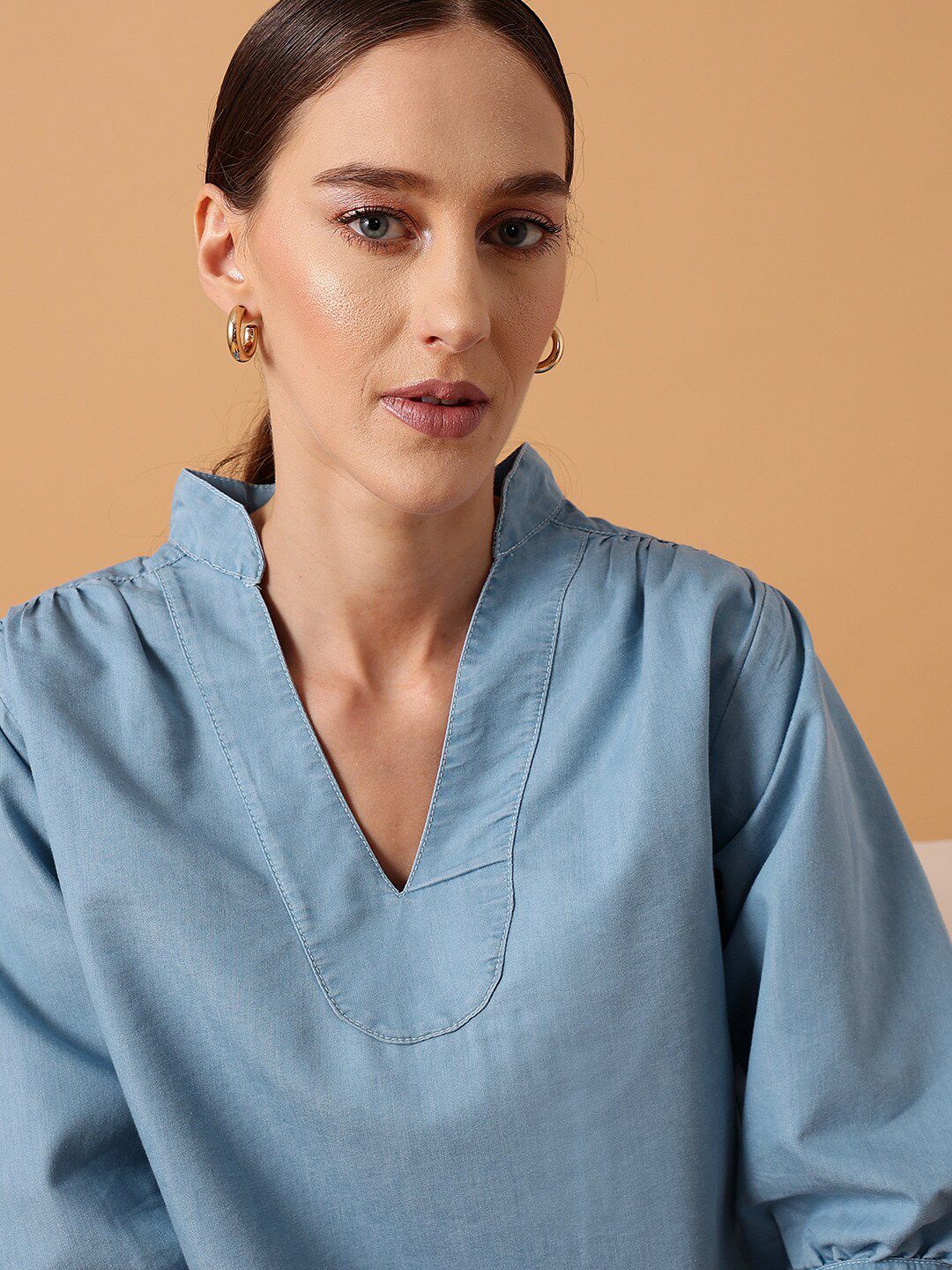 STREET 9 Mandarin Collar Pure Cotton Denim Regular Top