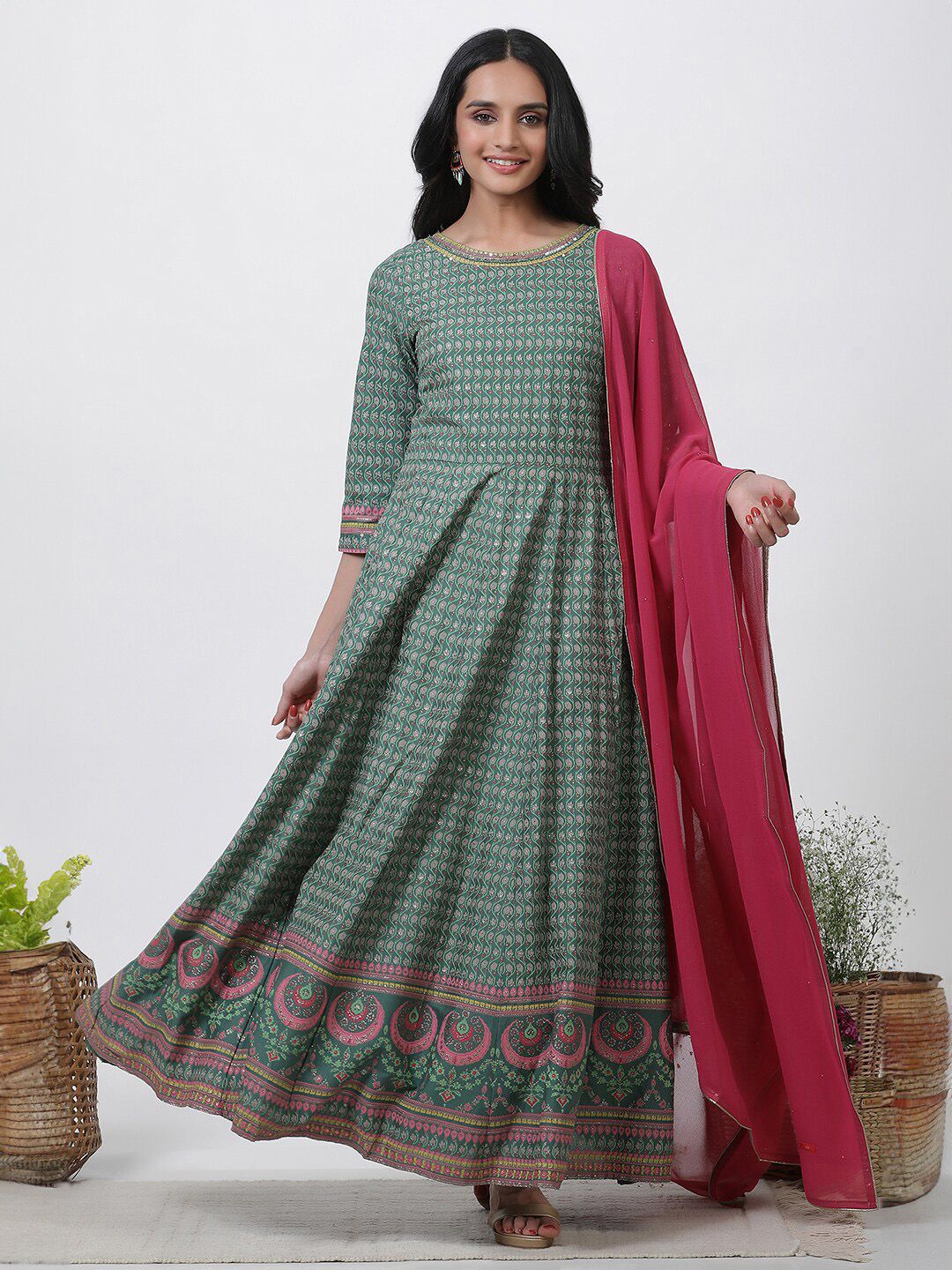 W Floral Printed Round Neck Maxi Dress With Dupatta