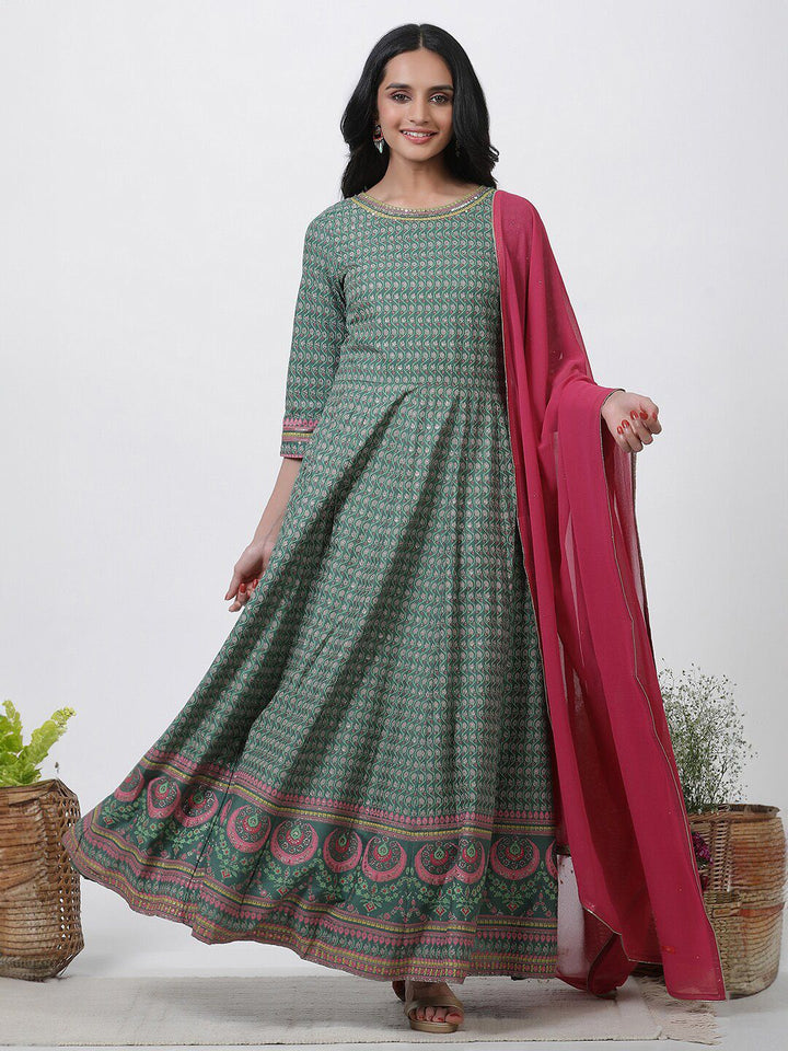 W Floral Printed Round Neck Maxi Dress With Dupatta