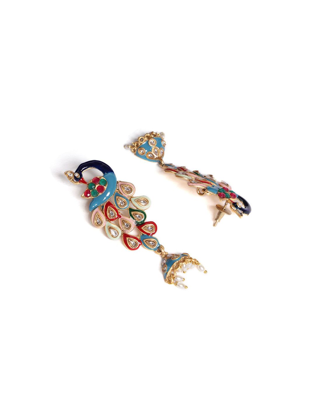 PANASH Gold- Plated Artificial Stones Studded And Beaded Peacock Shaped Drop Earrings