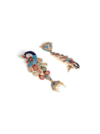 PANASH Gold- Plated Artificial Stones Studded And Beaded Peacock Shaped Drop Earrings