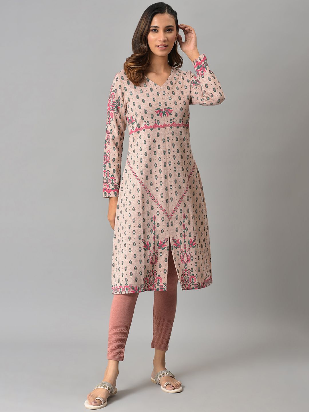 W Women Pink Ethnic Motifs Printed V-Neck Kurta