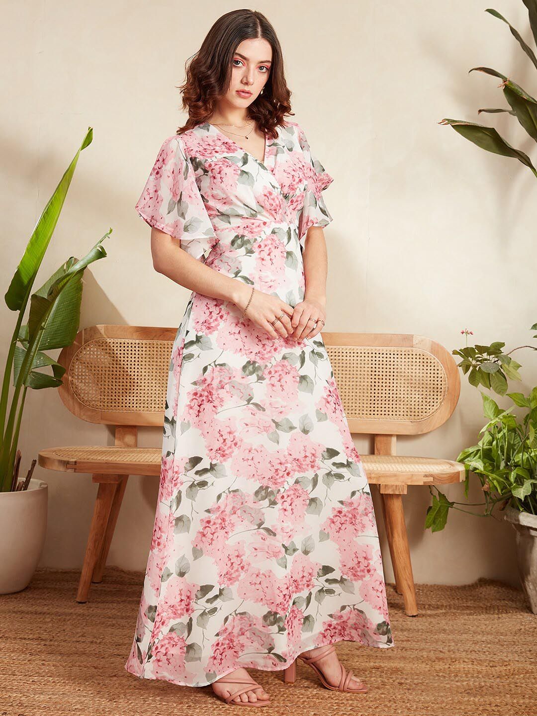 Berrylush White Floral Printed Flutter Sleeve Gathered Georgette Wrap Dress