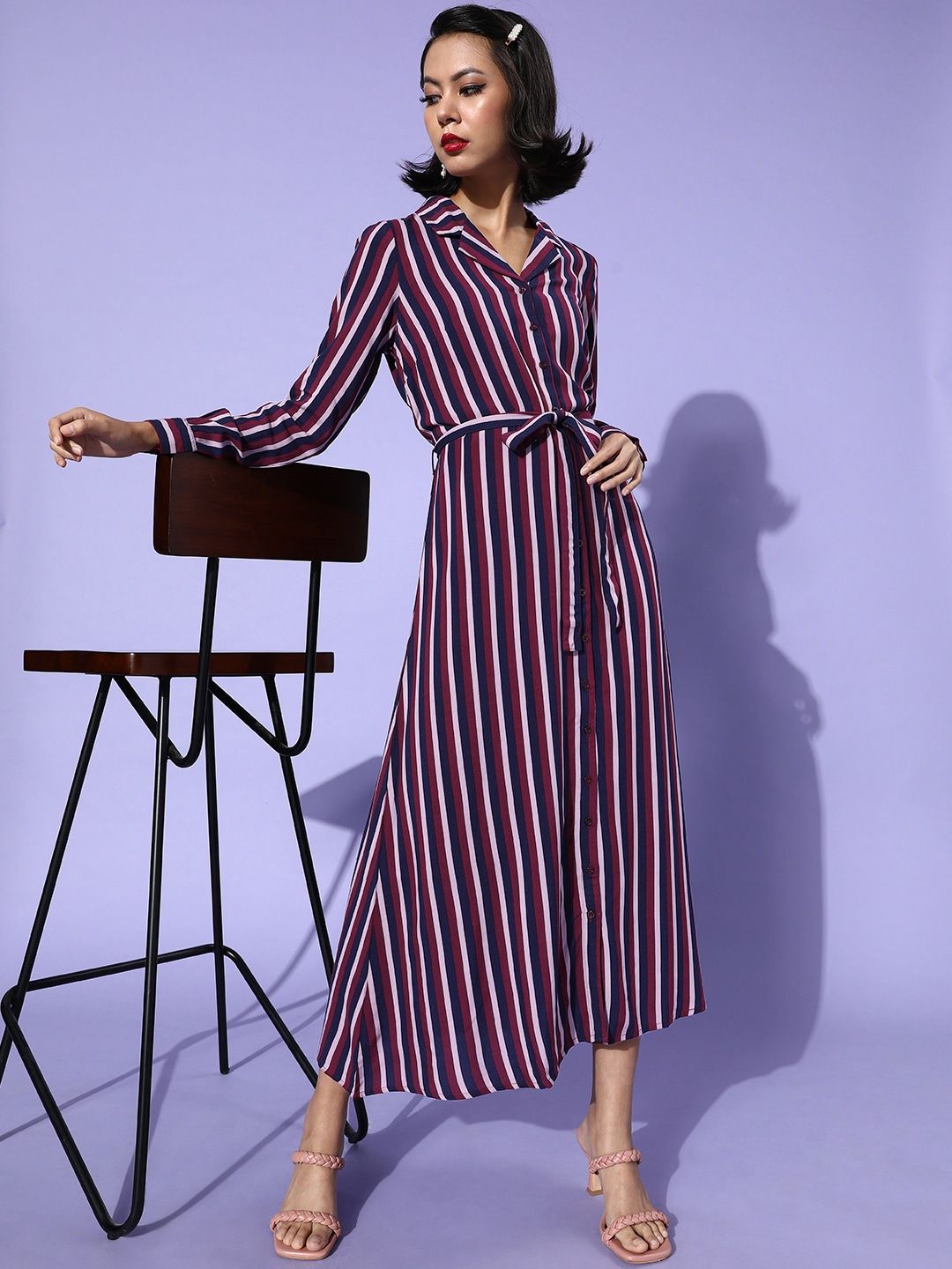 DressBerry Women Navy Blue & Maroon Striped A-Line Midi Dress