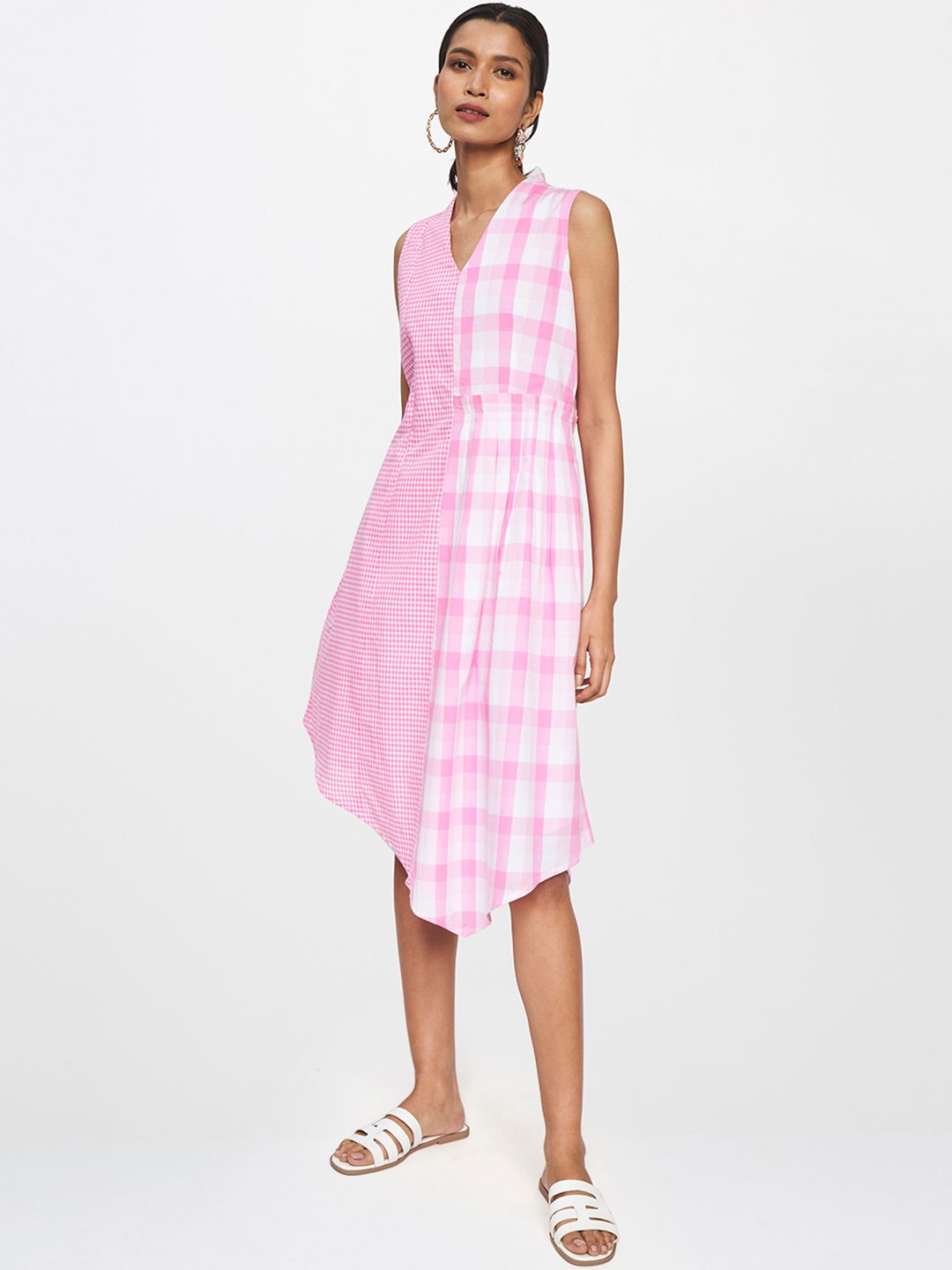 AND Women Pink & White Checked Fit and Flare Asymmetric Dress With gathered Pleated Detail