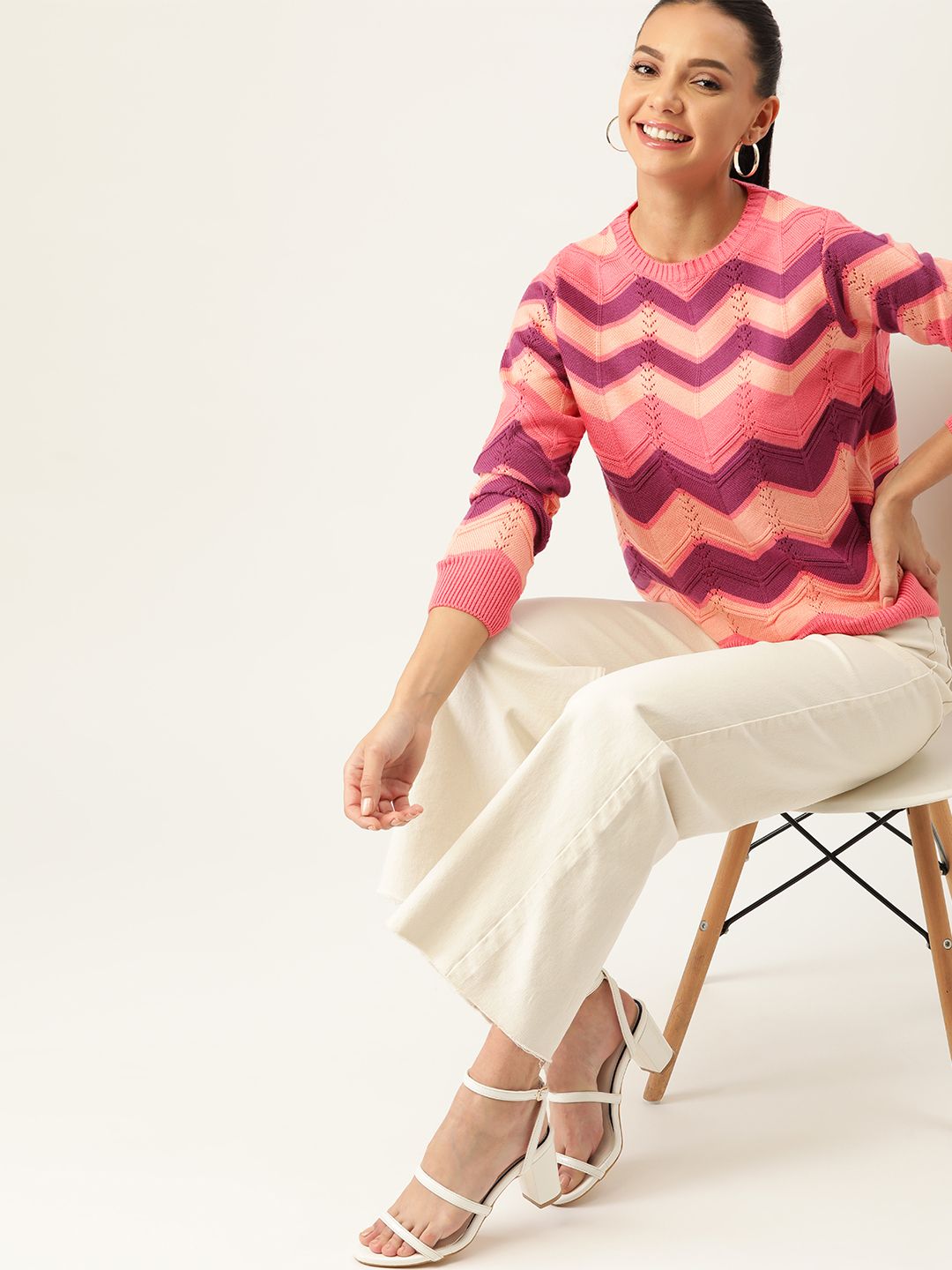 DressBerry Women Peach-Coloured & Purple Chevron Striped Pullover