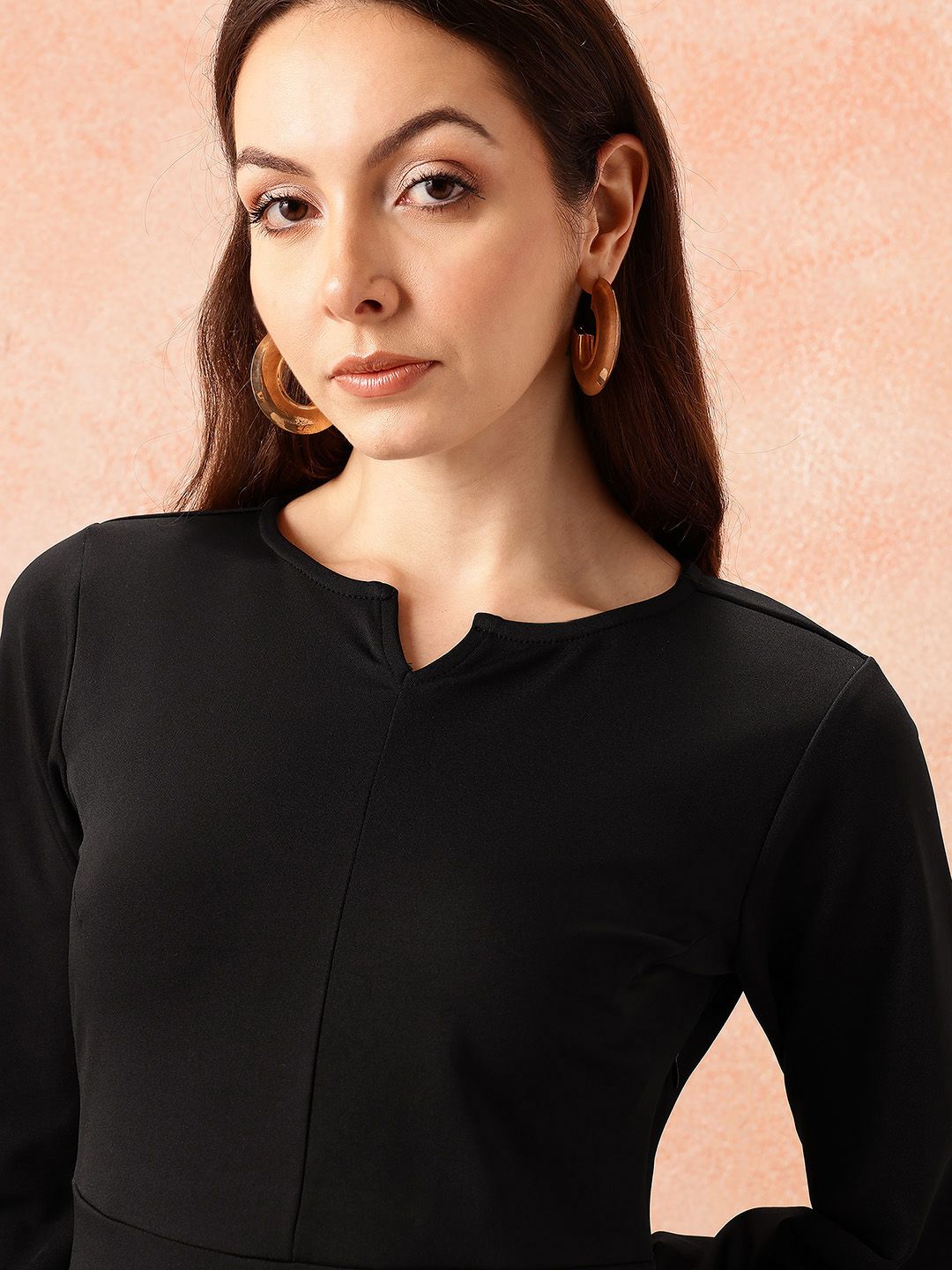 all about you Notched Round Neck Cuffed Sleeves Sheath Dress with Back Sllit
