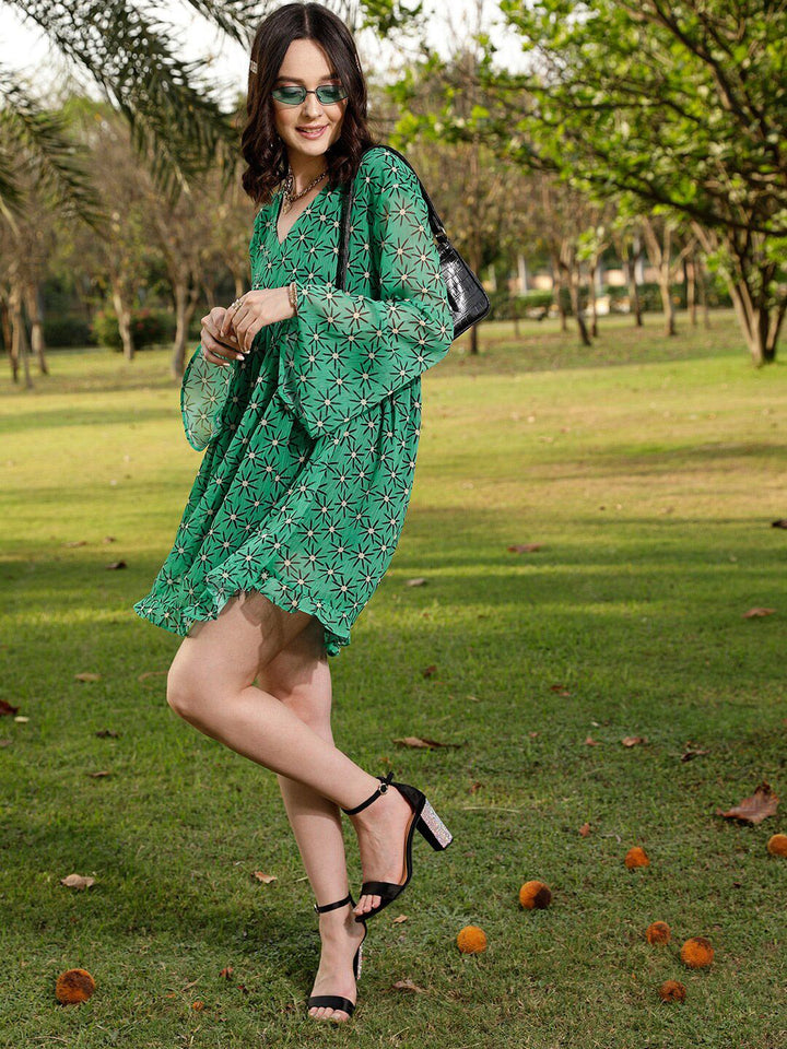 STREET 9 Green & Black Floral Printed A-Line Dress