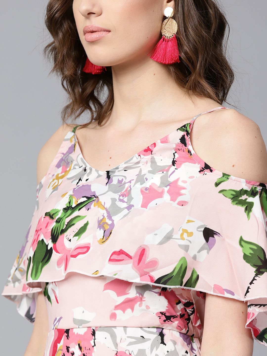 SASSAFRAS Pink Floral Printed Layered High-Low Maxi Dress