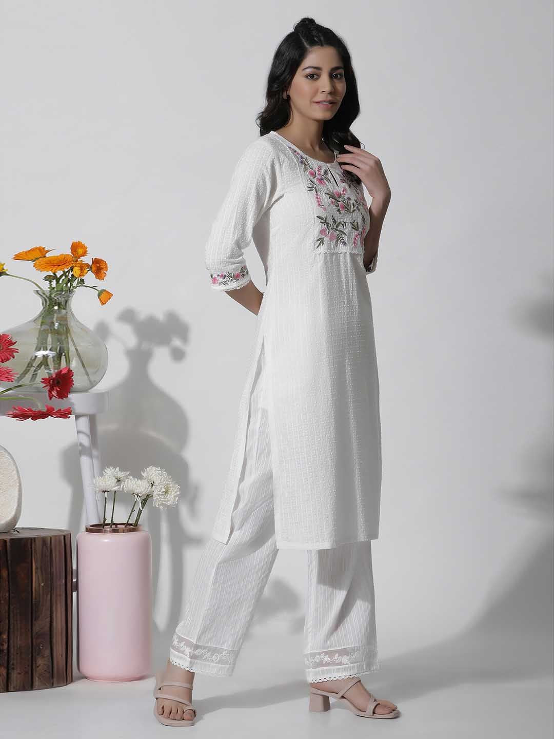 W Floral Yoke Design Thread Work Pure Cotton Straight Kurta