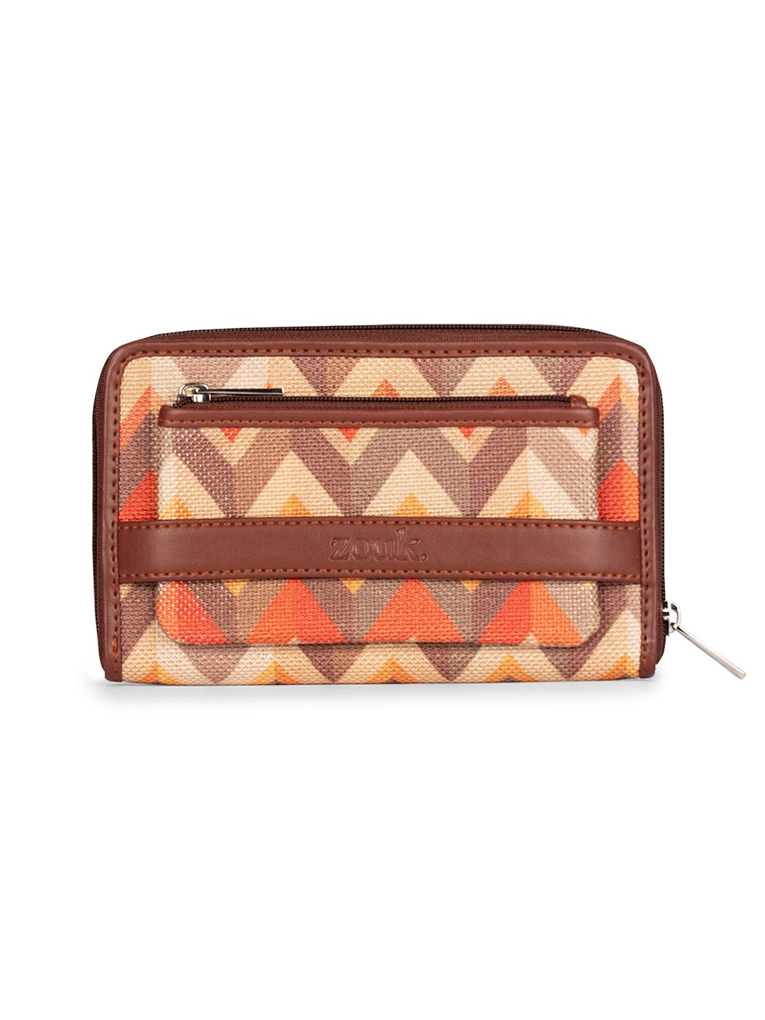 ZOUK Women Orange & Brown Printed Vegan Leather Zip Around Wallet