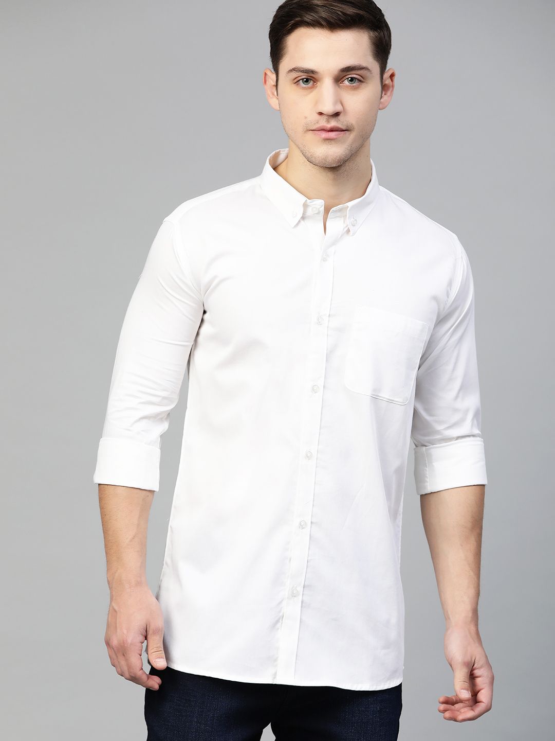 DENNISON Men White Smart Slim Fit Water & Stain Repellent Pure Cotton Solid Casual Shirt