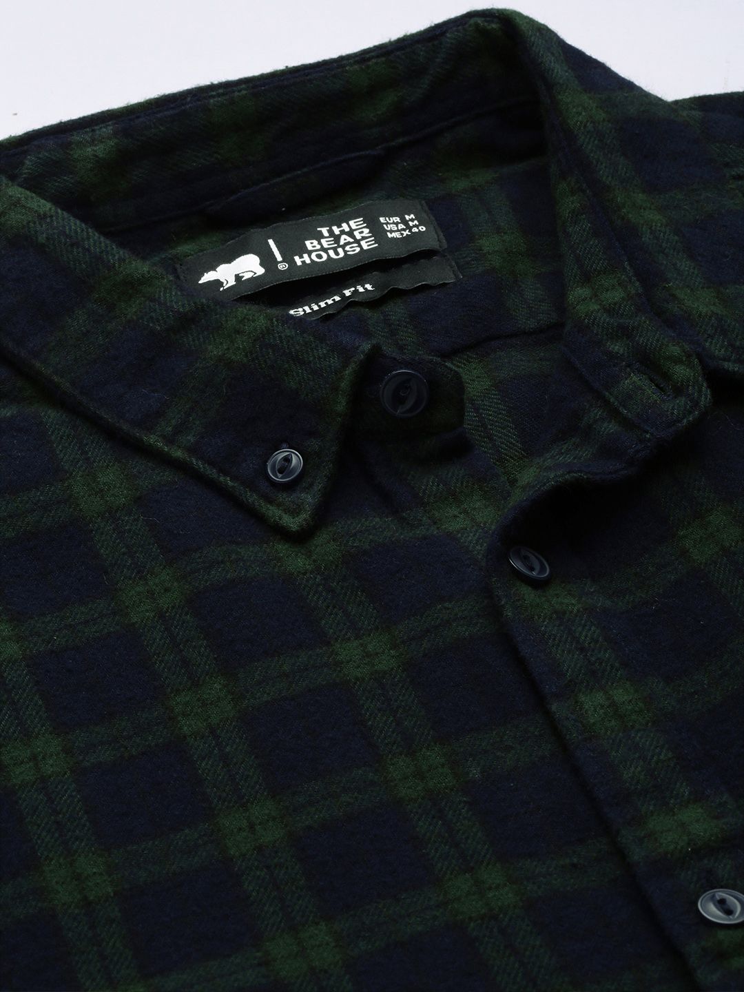 THE BEAR HOUSE Men Green & Navy Blue Slim Fit Checked Flannel Cotton Casual Shirt